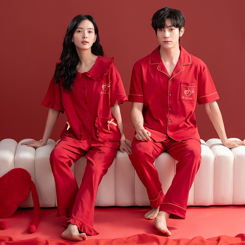 [Antibacteriano] pijamas para hombres primavera y otoño algodón de manga corta pareja ropa de boda de verano rojo damas servicio a domicilio