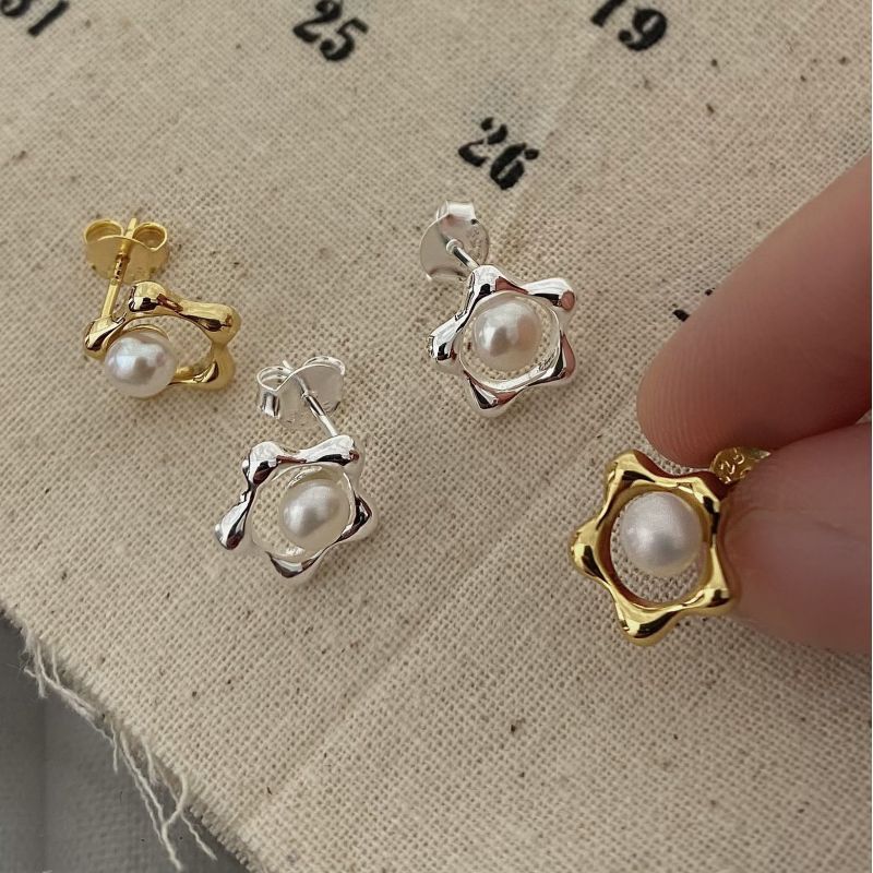 Freshwater Pearl Inlay Material 1 Pair 18K Gold Plated Silver Plated 925 Sterling Silver Freshwater Pearl Geometric Pearl Flower Drop Earrings Earrings Ear Studs