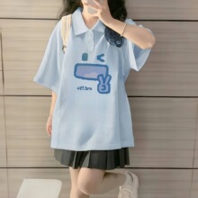 奶蓝色洋气少女短袖polo衫大童夏装初中高中学生宽松纯棉t恤上衣