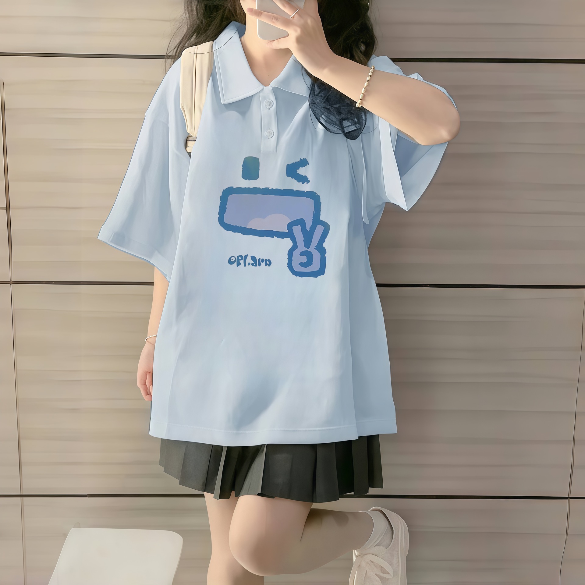 奶蓝色洋气少女短袖polo衫大童夏装初中高中学生宽松纯棉t恤上衣