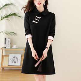 新品感新中式盘扣卫衣裙女春季新款大码女装中长款宽松遮肉连衣裙