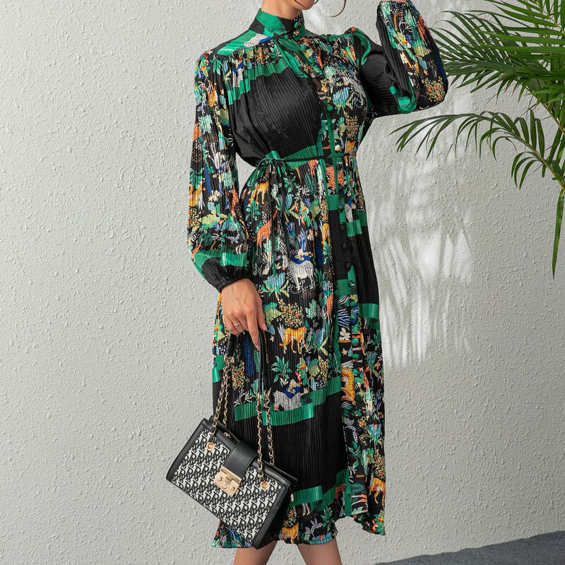 Europe and the United States cross-border personality printed bag buckle full open toothpick pleated lantern sleeve small high collar temperament heavy industry long dress