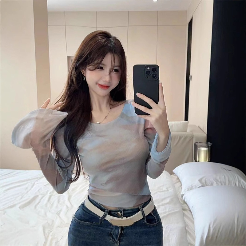 [Mesh Fabric] American Retro Hot Girl Mesh T-Shirt Women's Summer Slim Sunscreen Top Chic Spandex