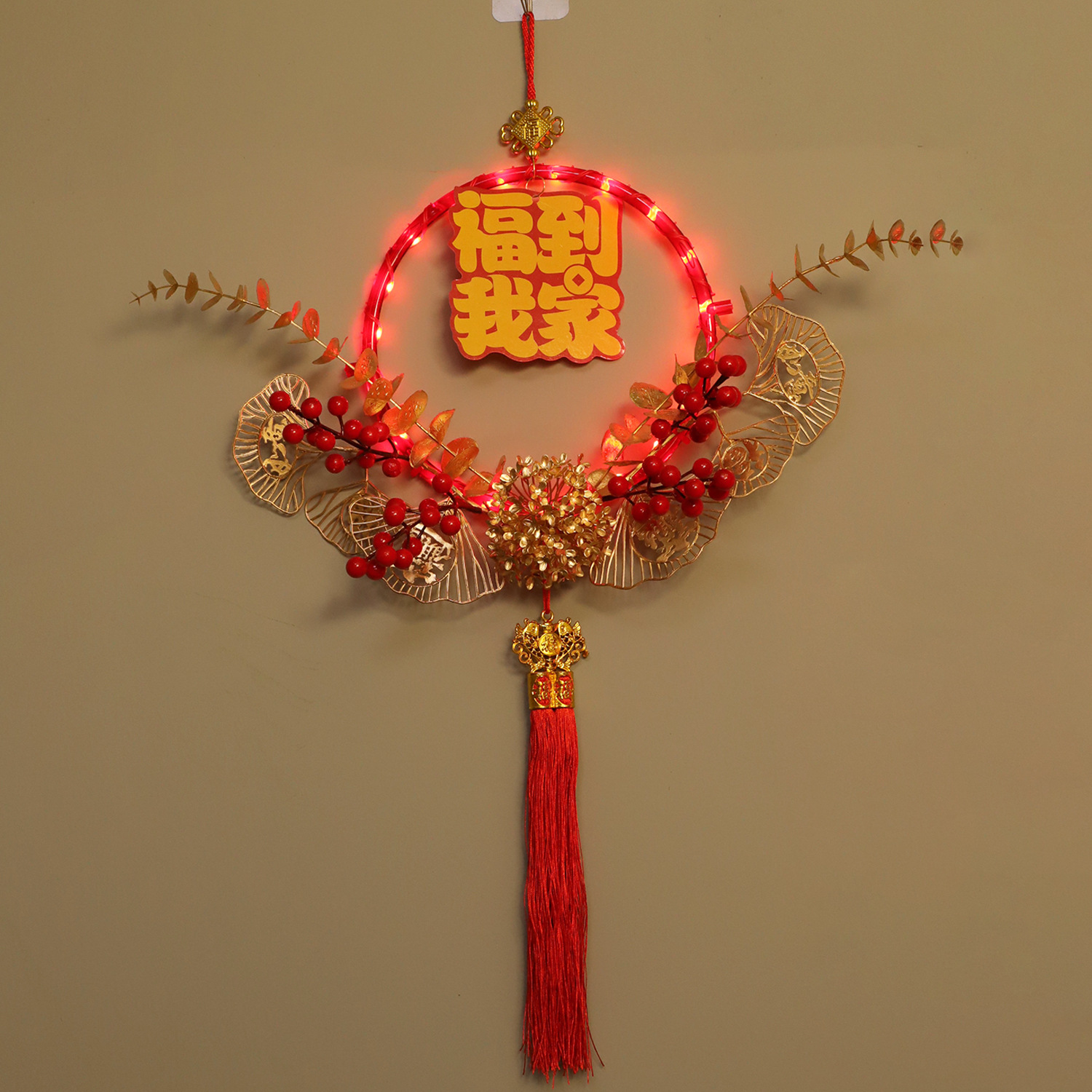 Festival de Primavera fruta roja LED luminoso anillo doble anillo colgante luz bendición a mi hogar Festival festivo luz decorativa interior