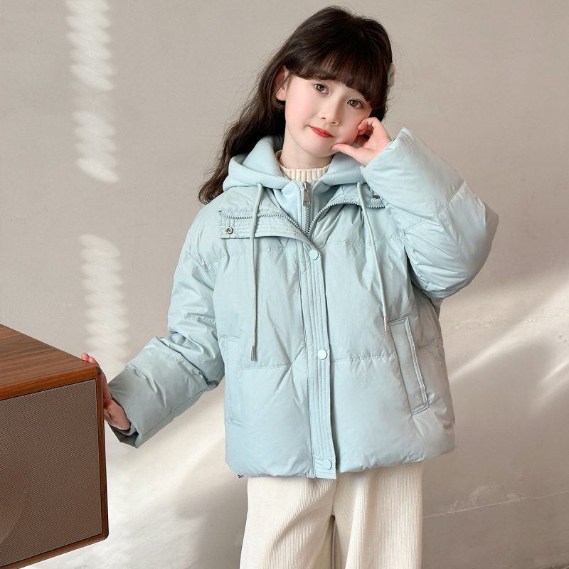 2025 新しい女の赤ちゃん厚いショートダウンコットンジャケット女の子日本暖かいジャケット偽ツーピース綿ジャケット|undefined