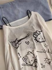 韩系趣味可爱kitty猫印花百搭长袖T恤夏季慵懒风宽松防晒罩衫上衣