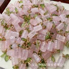 天然粉水晶竹节半孔小滴溜吊坠手工项链耳环半成品diy串珠配饰
