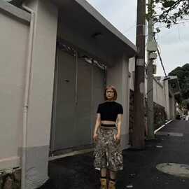 欧美跨境美式街头原宿复古做旧树枝迷彩印花宽松直筒休闲裤七分裤