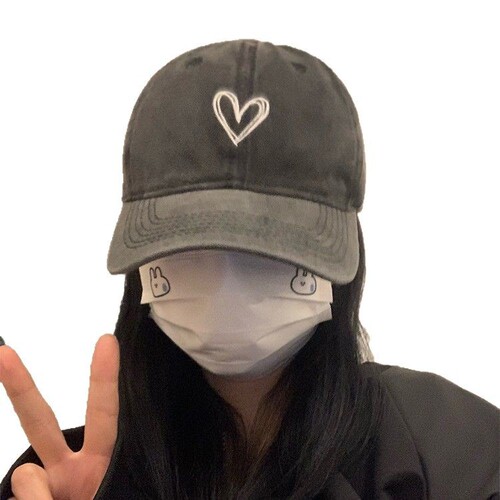 Water-wash distressed girls' large head circumference duckbill cap retro sweet cool spicy girl heart soft top baseball cap makes face look smaller