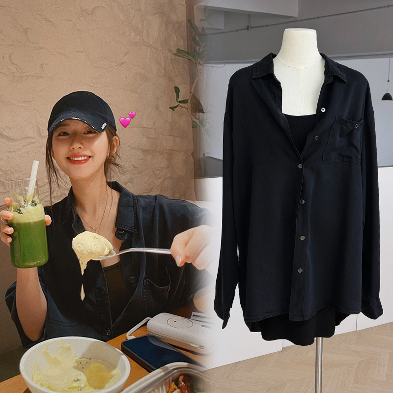 [Ready Stock] Star Black Lyocell Tencel Shirt Loose Casual Versatile Top 2024 Spring and Summer New Style