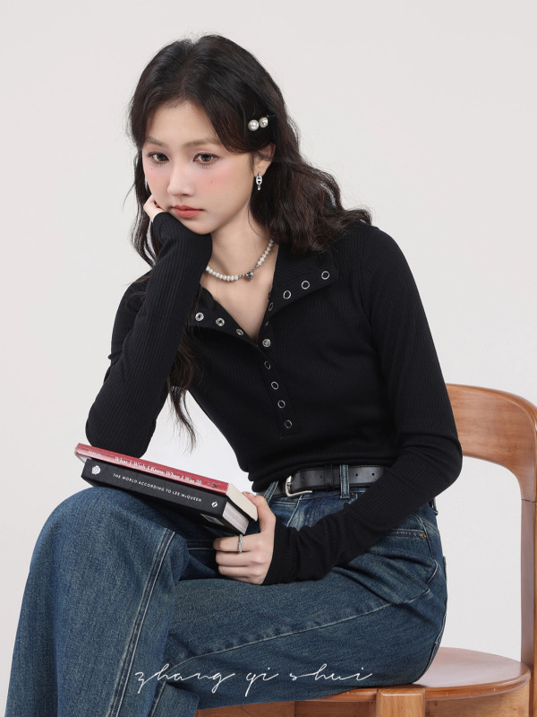秋季穿搭高级感polo领长袖T恤女设计感修身显瘦辣妹小众针织上衣|undefined