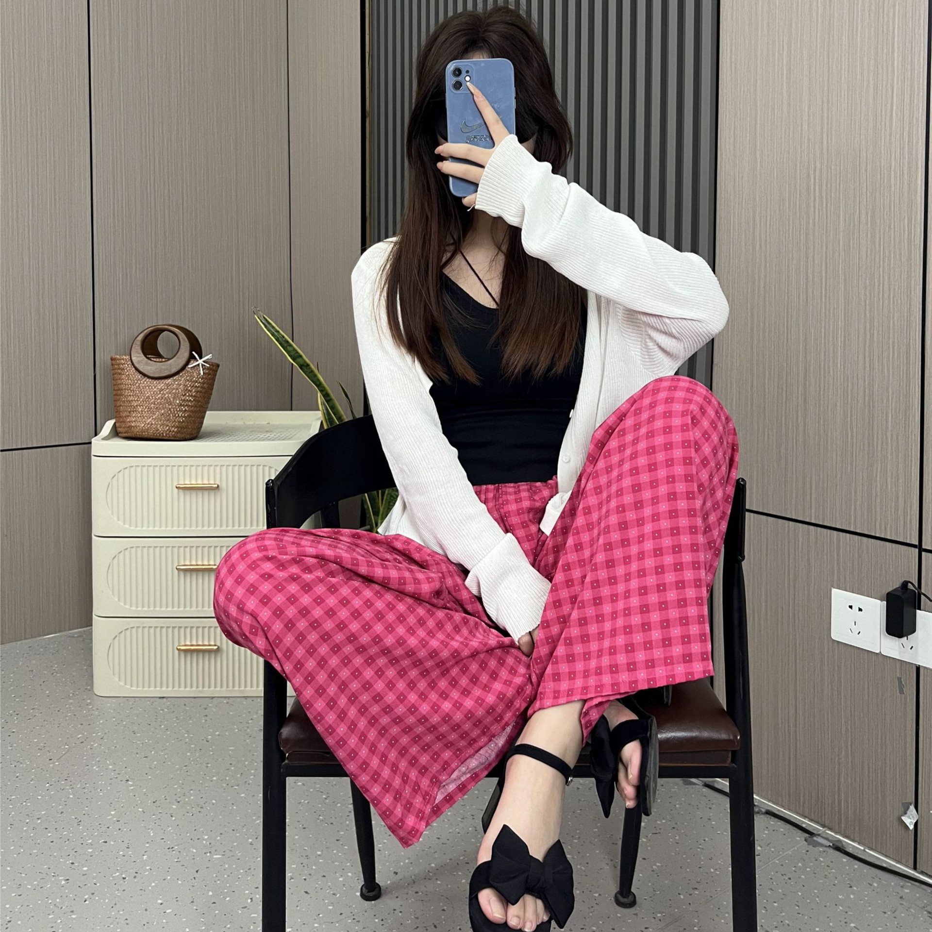 [Bolsillos dobles] pijamas de seda de algodón pantalones anchos sueltos de verano para mujer pantalones de nueve puntos pantalones de algodón artificial para el hogar para mujer