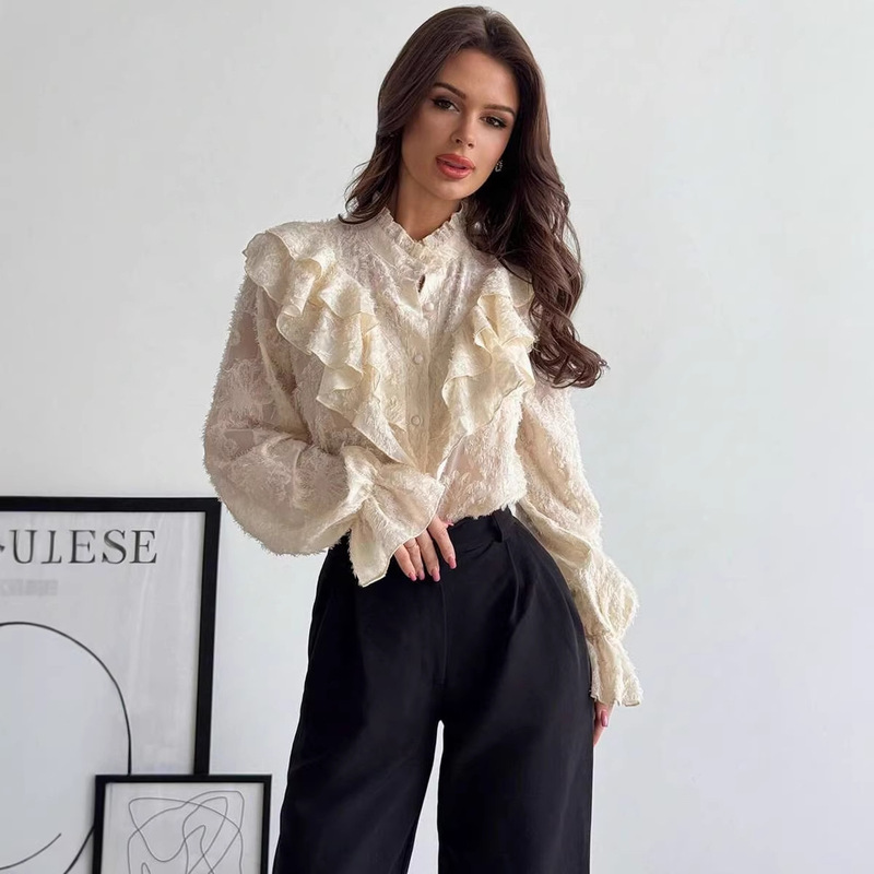 Amazon Cross-Border Design Ruffled Off-Shoulder Top for Women, Spring/Summer 2026 New Style, Loose Fit, Niche, Slimming, Long Amazon Cross-Border Design Ruffled Off-Shoulder Top for Women, Spring/Summer 2026 New Style, Loose Fit, Niche, Slimming, Long