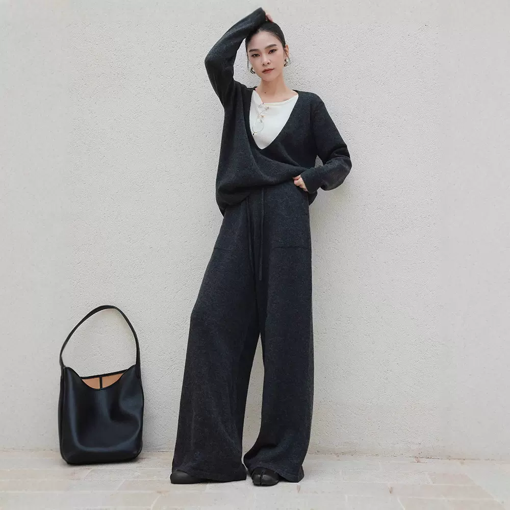 老钱风松弛感宽松假两件针织衫套装秋时髦阔腿裤两件套