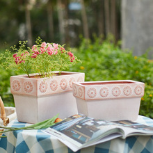 简约多肉花盆红陶盆粗浮雕长方向日葵陶土花盆欧式罗马透气复古盆