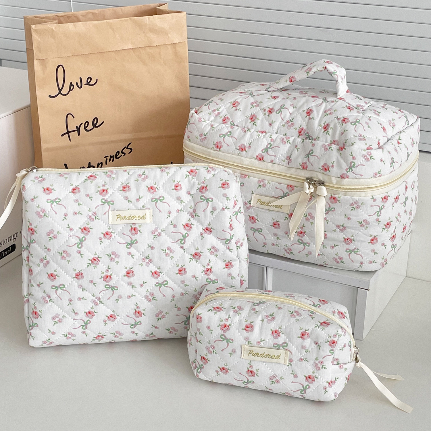 Sewing Thread Fashion Element Streetwear Ditsy Floral Bow Knot Quilted Cotton Sewing Thread Square Makeup Bags