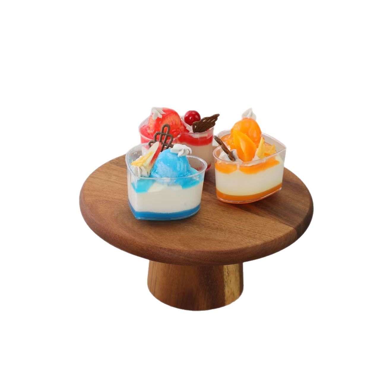 Platos de madera de pies altos platos de bocadillos bandejas de frutas caseras de bocadillos de pastel de mesa de fiesta mesa de postres
