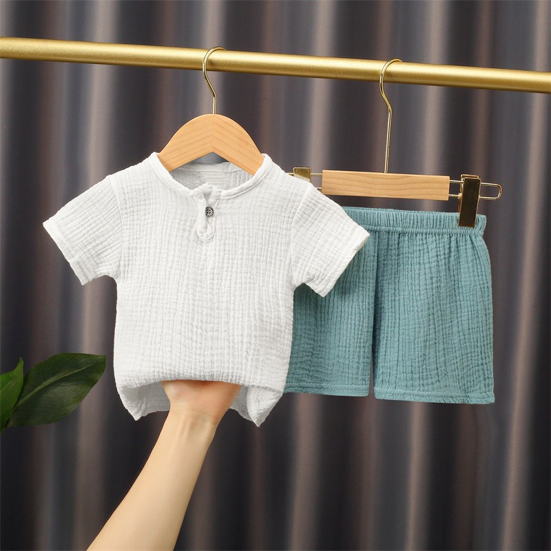 Children's Summer Cotton and Linen Short-Sleeved Shorts Set Baby Pure Color Double-Layer Cotton Gauze Chinese Style Loose Two-Piece Suit