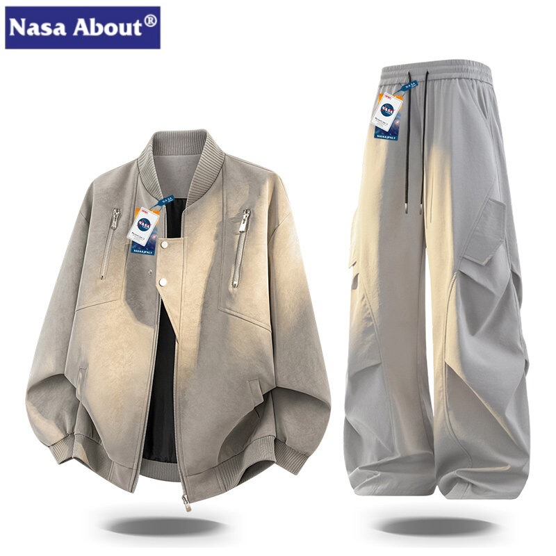 NASA ABOUT Spring and Autumn Stylish Baseball Jacket Leather Jacket Set Men's High-End Loose Casual Outfit NASA ABOUT Spring and Autumn Stylish Baseball Jacket Leather Jacket Set Men's High-End Loose Casual Outfit