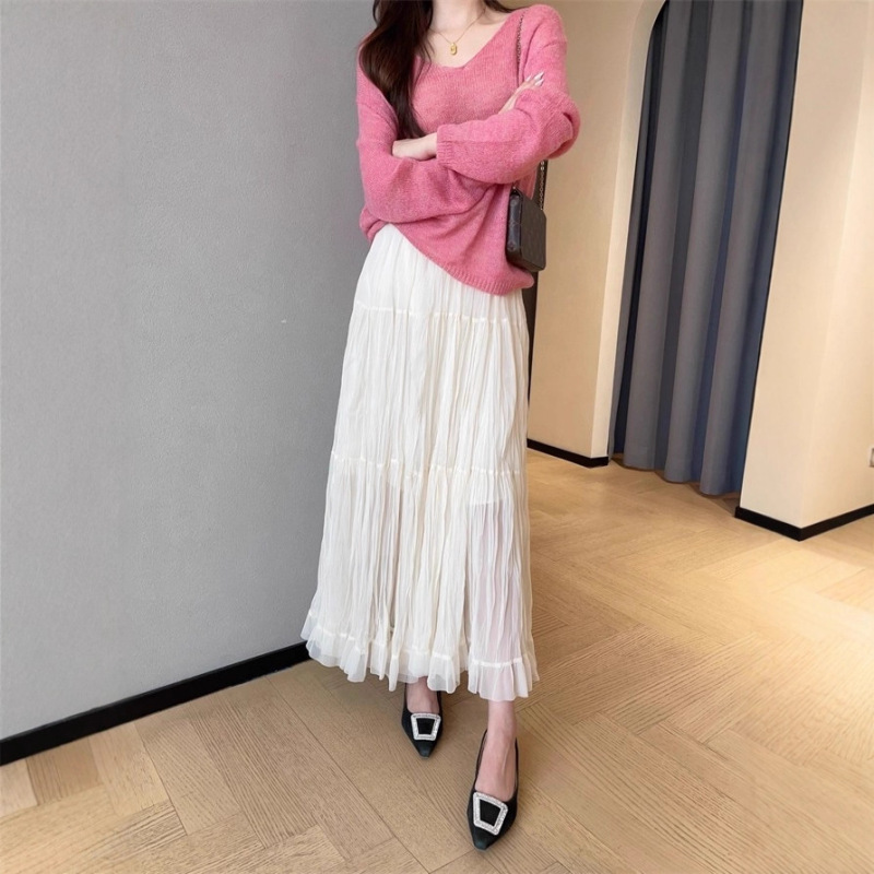 ES99浪漫仙美千金网纱裙不规则压皱织面中长款半身裙女2025秋|undefined