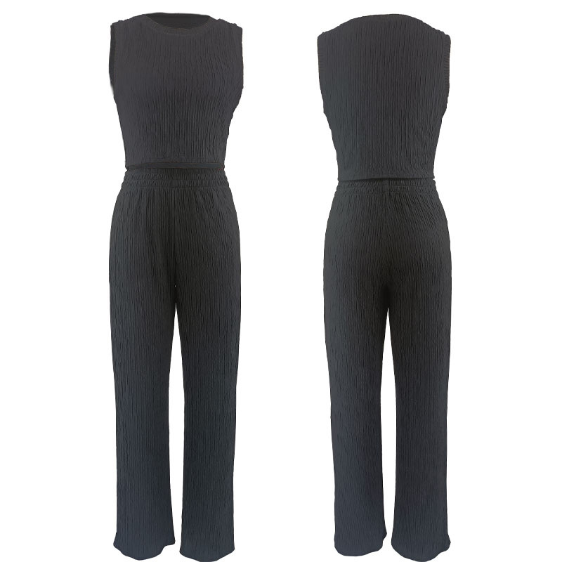 Women's Sleeveless Round Neck Solid Color Top & Long Pants Set - Breathable Polyester Spandex Blend - Casual Office Wear - Black/Maroon (S-XXL)_ecoleips.com