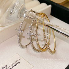 欧美银针镶钻十字圆形耳环夸张轻奢高级感耳钉时尚个性设计耳饰女