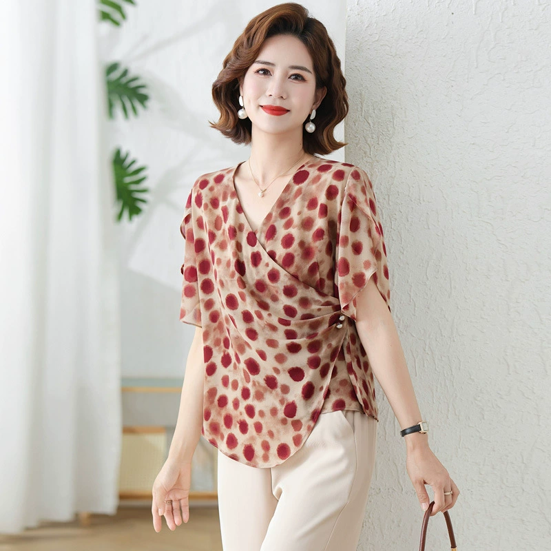Поколение волновой точки V-образный воротник женский 2025 новый летний темперамент женская одежда с короткими рукавами цветочная юбка летняя рубашка