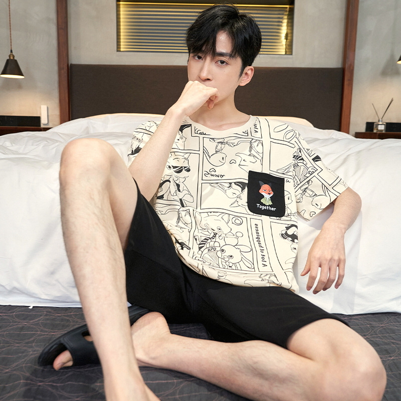 2024 잠옷 남자 여름 우유 실크 반팔 만화 캐주얼 주니어 학생 얇은 홈 세트