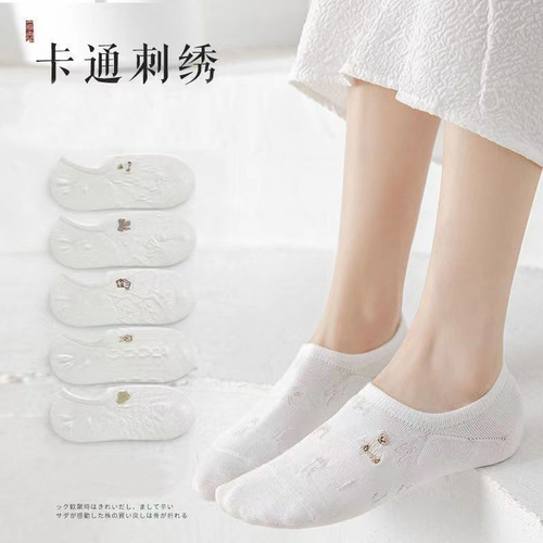 Invisible low-top shallow boat socks, summer thin style, children's cartoon cute mesh breathable white short socks for students