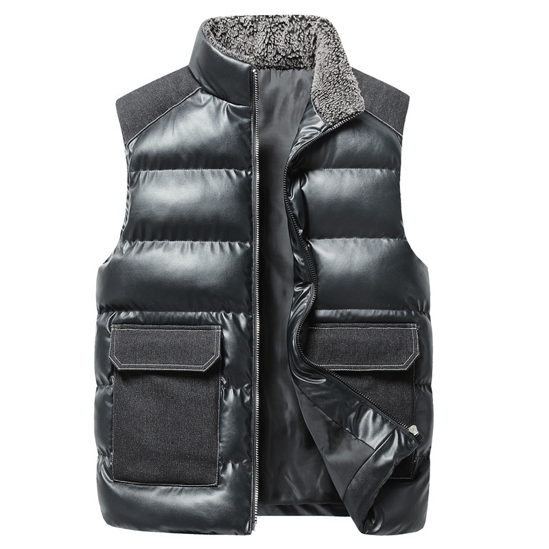 2023 Winter New Men's Casual Outdoor Sports Vest Puleather Youth Vest Stitching Men's Velvet Thickened 2023 Winter New Men's Casual Outdoor Sports Vest Puleather Youth Vest Stitching Men's Velvet Thickened