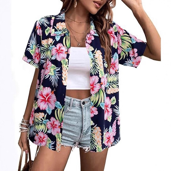 2024 Women Hawaiian Shirt Soft Cool Summer Hawaiian Shirt Floral Tropical Print Button Top