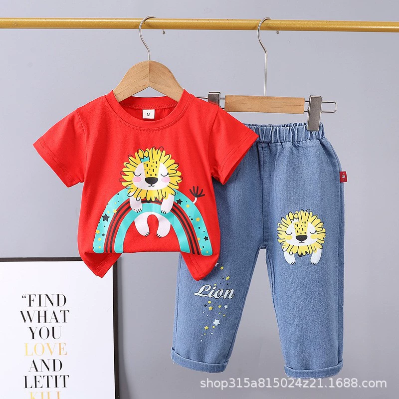 Летний детский denim комплект, мультяшные джинсы, с коротким рукавом, комплект из 2 предметов, 0-5 лет