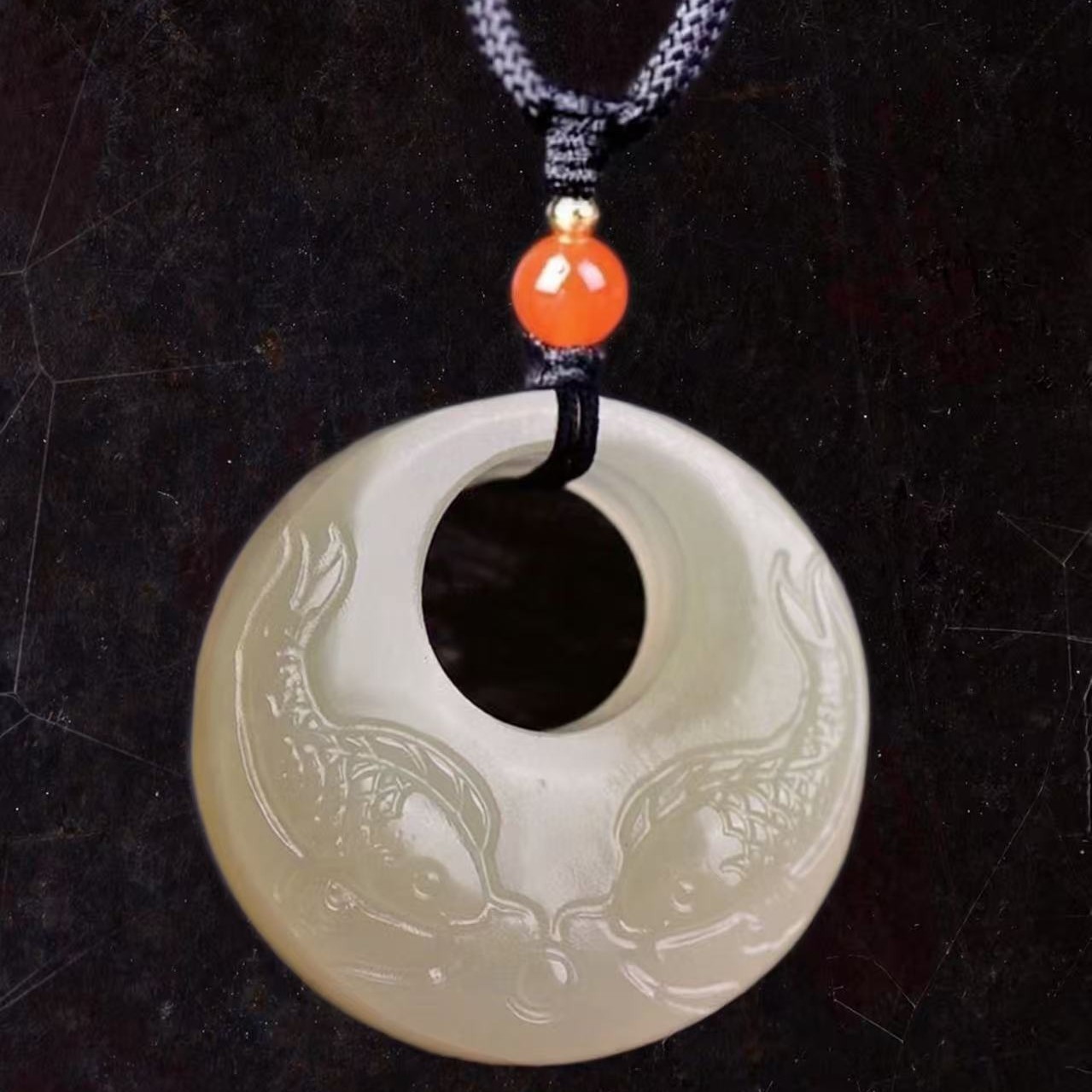 Imitation Hetian Jade White Jade Double-Sided Carving Fish Pendant Sweater Chain Men and Women Couple Necklace Manufacturer Wholesale