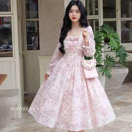 公主法式甜美碎花长袖连衣裙女秋季感气质长裙收腰温柔风仙女裙子