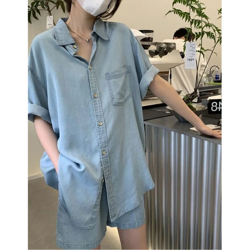 Set of 2 Women's  Summer T-shirt and Wide-Leg Denim Shorts, A-Silk Imitation Denim, Loose Fit, Korean Style