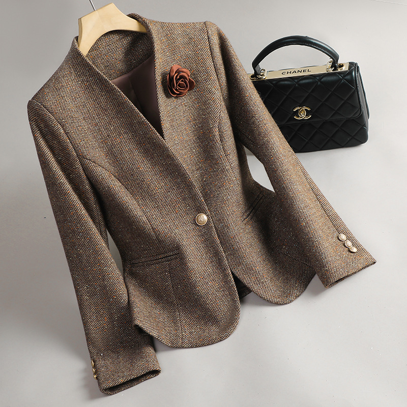Brown Wool Blazer for Women 2025 Autumn and Winter New Style Elegant Tweed Sequin Collarless Casual Suit Ol