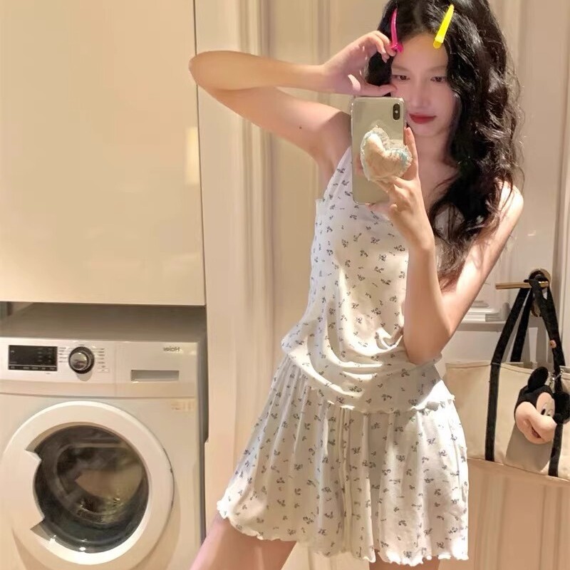 Camisole Pajamas for Women Summer 2026 New Korean Style Ins Sweet Floral Home Wear with Chest Pad Set