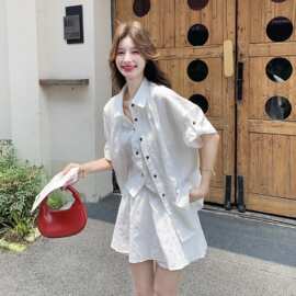 白色设计感假两件衬衫裙裤两件套女2026新款夏韩系松弛感防晒套装