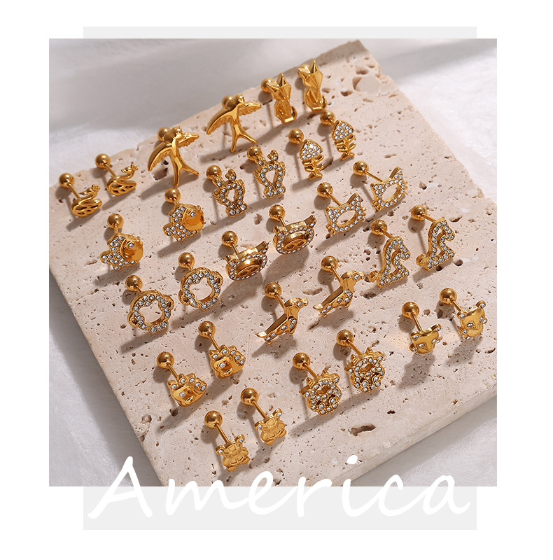 6g Weight 0.03µm-0.05µm Gold Plating Thickness PVD Coated Real Gold Plated Animal Titanium Steel IG Style Cute Waterproof Non Tarnish Ear Studs
