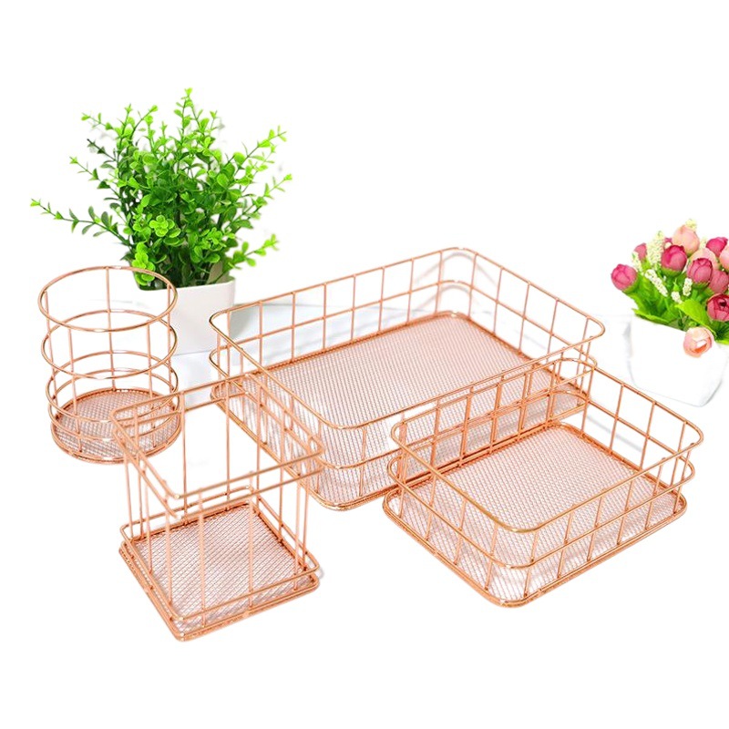 Nordic cesta de almacenamiento de hierro de metal de malla de escritorio cesta de almacenamiento de fondo redondo titular de la pluma