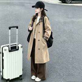 女童格纹简约风衣外套2026年秋季新款儿童韩版宽松气质中长款大衣
