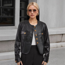 欧美时尚圆领金属扣点缀设计黑金配色新款女装长袖短款PU皮革外套