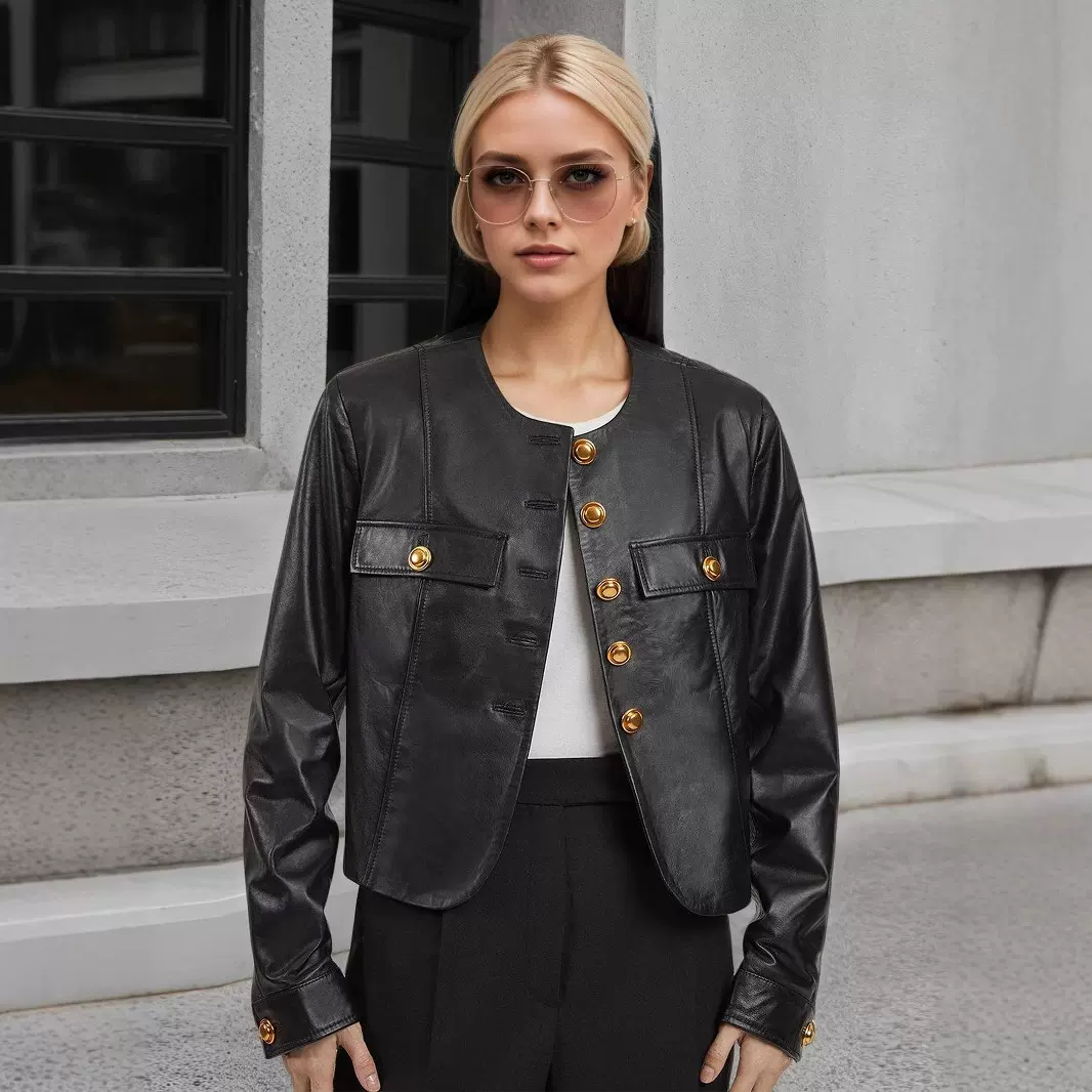 欧美时尚圆领金属扣点缀设计黑金配色新款女装长袖短款PU皮革外套
