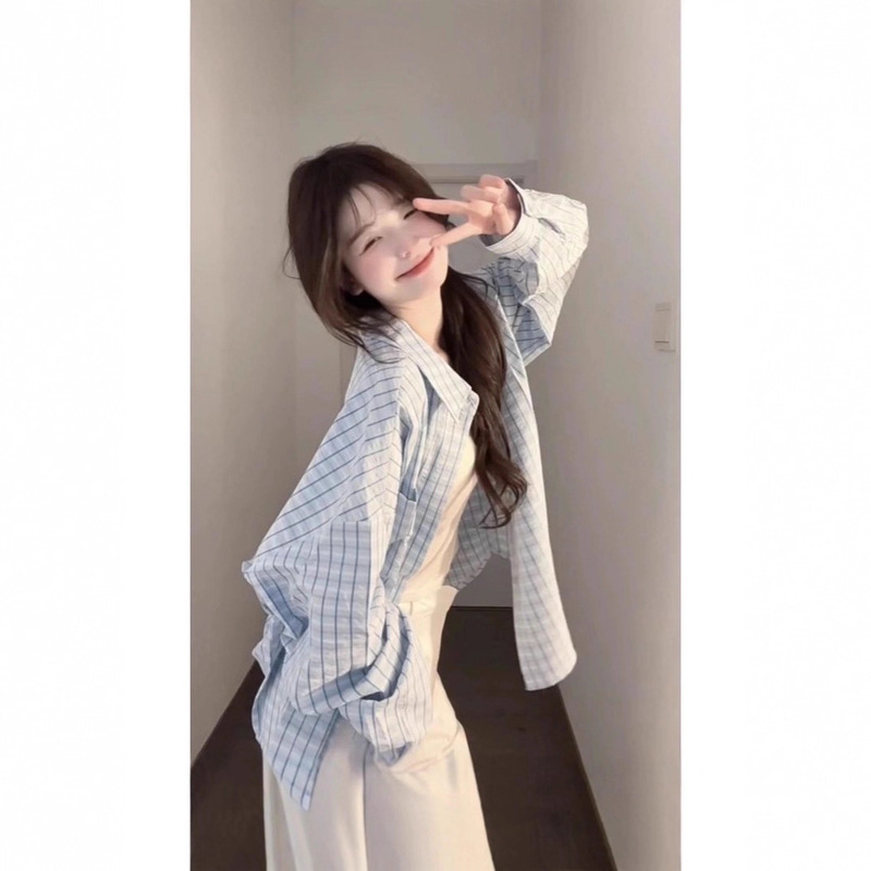 Blue Plaid Long-Sleeved Shirt Jacket Sun Protection Thin Korean Style New Summer Lazy Loose Shirt Top