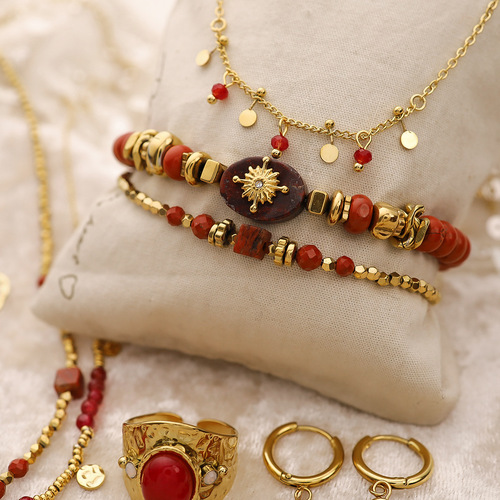 Red series beaded titanium steel necklace bracelet earrings non-fading niche high-end jewelry set cross-border