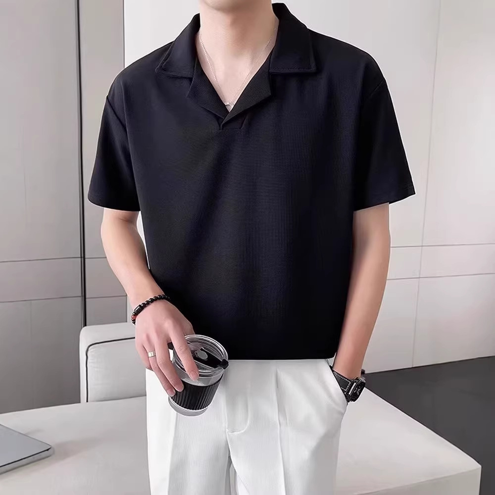 Camicia da uomo con colletto cubano – Camicia oversize a maniche corte con trama a nido d'ape (poliestere traspirante, bianco/nero/grigio, M-3XL)_voghion.com