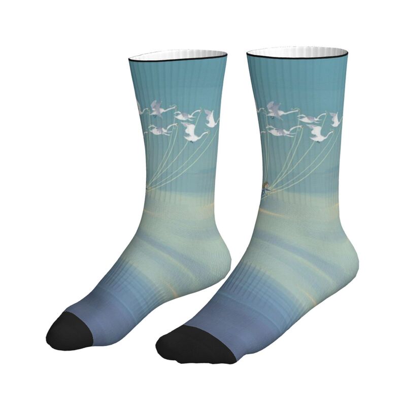 Pod Printed Cross-Border Exclusive Fantasy Fairy Tale Swan Pulling Girl Flying Healing Illustration Pattern Mid-Calf Socks Pod Printed Cross-Border Exclusive Fantasy Fairy Tale Swan Pulling Girl Flying Healing Illustration Pattern Mid-Calf Socks