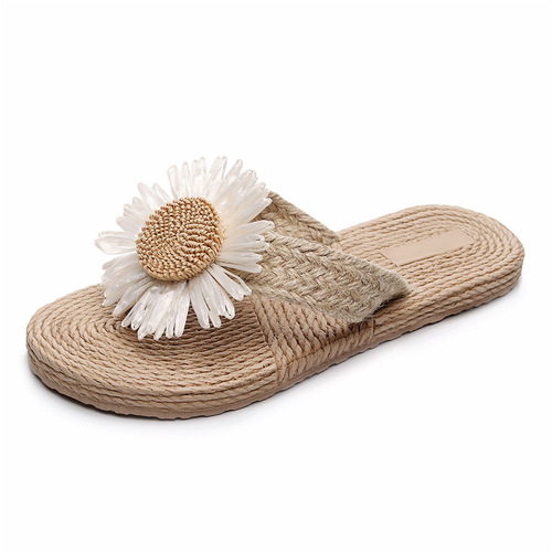 Ethnic style imitation straw travel espadrille women's sandals, trendy outer wear flip-flops, fashionable beach flower flip-flops for women