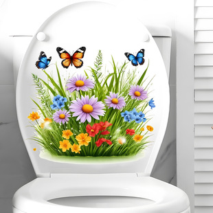 Cross-Border Export Creative Flowers, Butterflies and Grass Self-Adhesive Toilet Stickers Bathroom Refrigerator Wall Stickers Living Room Bedroom Decoration