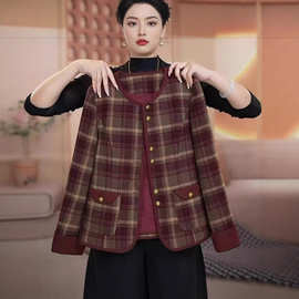 一件代发妈妈秋装新款洋气圆领格子外套中年女时尚百搭减龄小个子